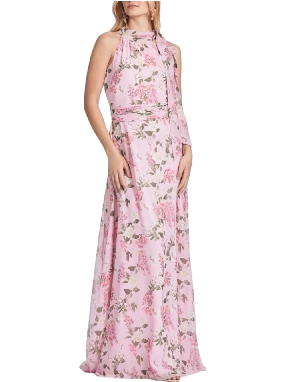 NWT SACHIN + BABI Pink Floral Sleeveless Tie Neck Maxi Dress Gown Size 2